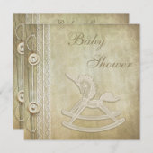 ユニコーンの揺り木馬及びレースの中立ベビーシャワー 招待状 (正面/裏面)