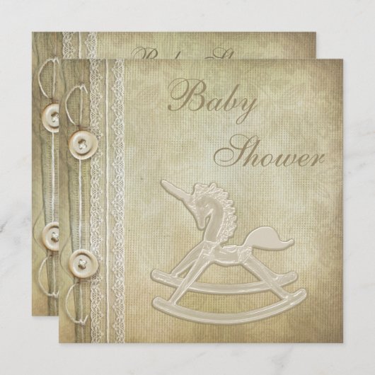 ユニコーンの揺り木馬及びレースの中立ベビーシャワー 招待状 (正面/裏面)