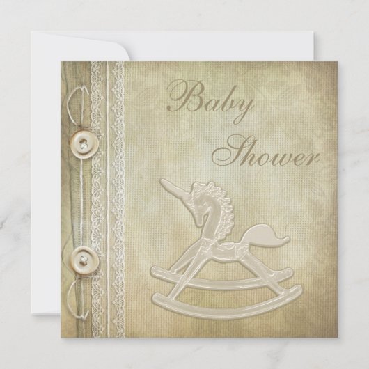 ユニコーンの揺り木馬及びレースの中立ベビーシャワー 招待状 (正面)