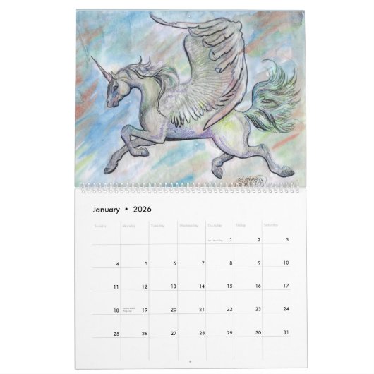 ユニコーンの月の月のペガソスの紫色の青い馬 カレンダー (1月 2026)