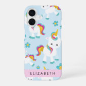 ユニコーンの柄、かわいいユニコーン、お名前入り iPhone 16ケース (裏面)