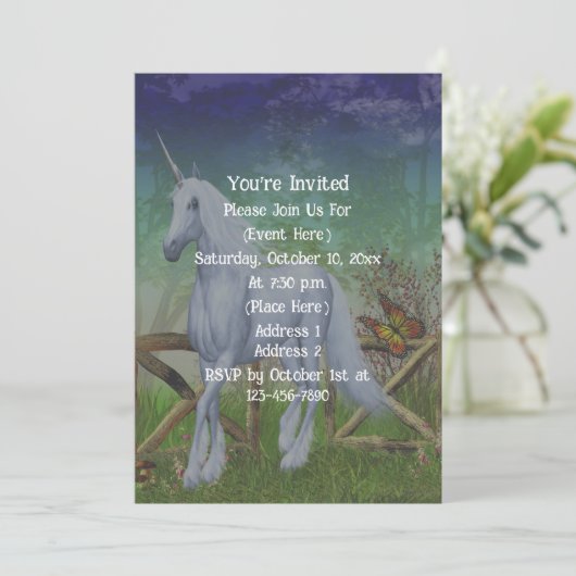 ユニコーンの森の門のキュートなファンタジーパーティー 招待状 (スタンド正面)