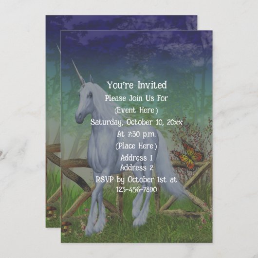 ユニコーンの森の門のキュートなファンタジーパーティー 招待状 (正面/裏面)