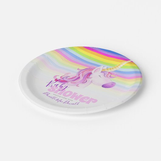 ユニコーンの水の色と虹の赤ちゃんシャワープレート ペーパープレート (アングル)