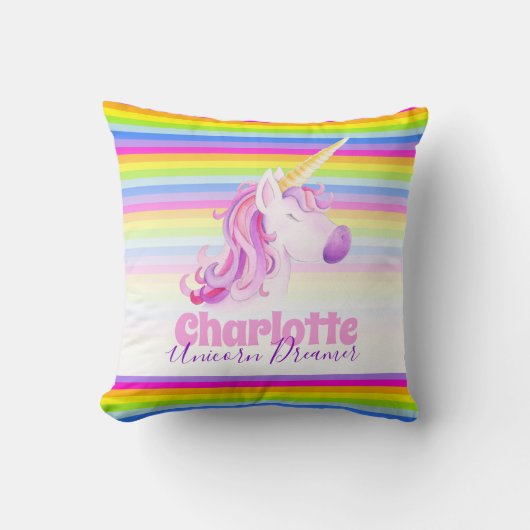 ユニコーンの水彩画のレインボーストライプズ名の枕 クッション (正面)