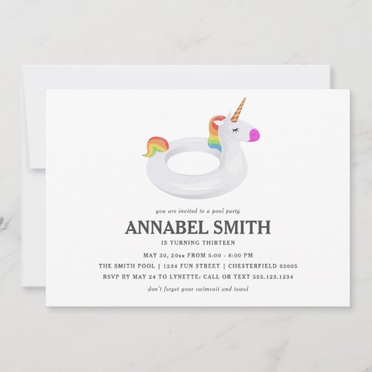ユニコーンの浮遊物の誕生日のプールを囲んでのパーティ 招待状 (正面)