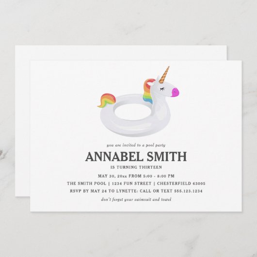 ユニコーンの浮遊物の誕生日のプールを囲んでのパーティ 招待状 (正面/裏面)