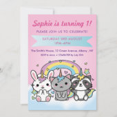 ユニコーンの漫画動物のパステル調の女の子の第1誕生日 招待状 (正面)