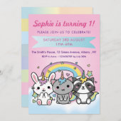 ユニコーンの漫画動物のパステル調の女の子の第1誕生日 招待状 (正面/裏面)