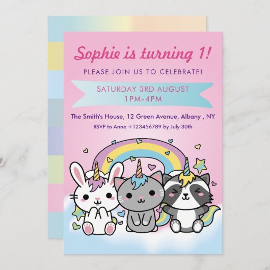 ユニコーンの漫画動物のパステル調の女の子の第1誕生日 招待状 (正面/裏面)