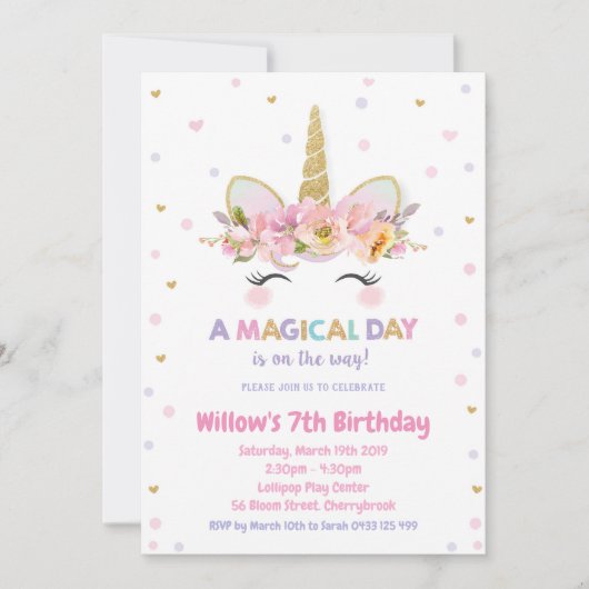 ユニコーンの第1誕生日の招待状の女の子の金ゴールドのグリッター 招待状 (正面)