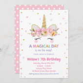 ユニコーンの第1誕生日の招待状の女の子の金ゴールドのグリッター 招待状 (正面/裏面)