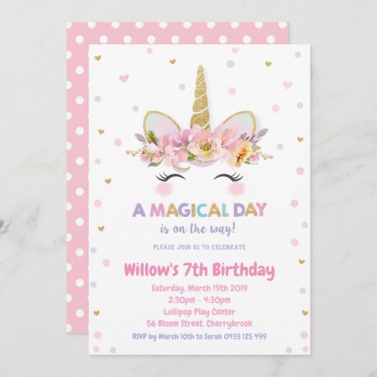 ユニコーンの第1誕生日の招待状の女の子の金ゴールドのグリッター 招待状 (正面/裏面)