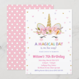 ユニコーンの第1誕生日の招待状の女の子の金ゴールドのグリッター 招待状