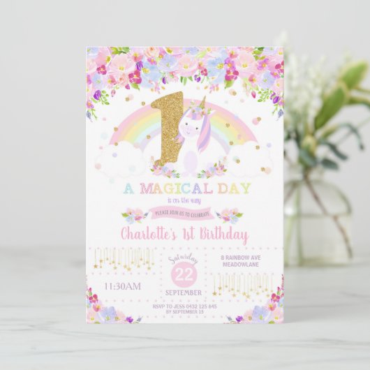 ユニコーンの第1誕生日の招待状の花柄の虹 招待状 (スタンド正面)