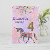 ユニコーンの第4誕生日の招待のグリッターの紙吹雪 招待状 (スタンド正面)