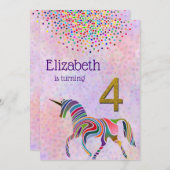 ユニコーンの第4誕生日の招待のグリッターの紙吹雪 招待状 (正面/裏面)