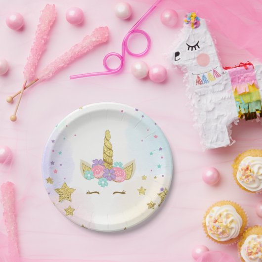 ユニコーンの紙皿のピンクの金ゴールドの魔法の誕生日 ペーパープレート (パーティー)