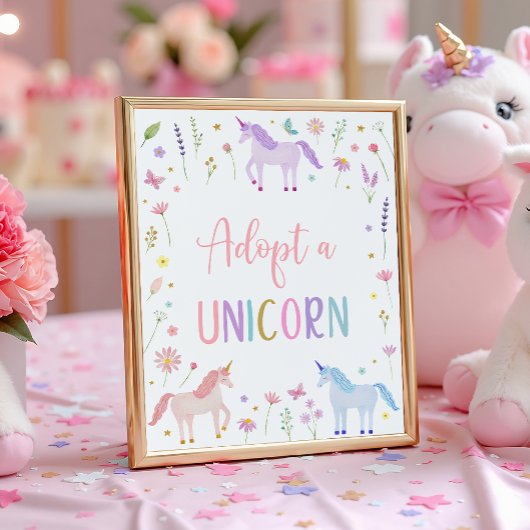 ユニコーンの花の誕生日パーティーサイン ポスター
