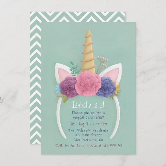 ユニコーンの花のHairbandの女の子の誕生会 招待状 (正面/裏面)