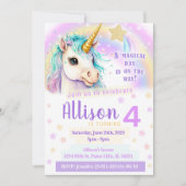 ユニコーンの虹のピンクの誕生日招待状 招待状 (正面)