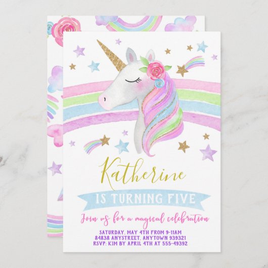 ユニコーンの虹の誕生日の招待の水彩画 招待状 (正面/裏面)