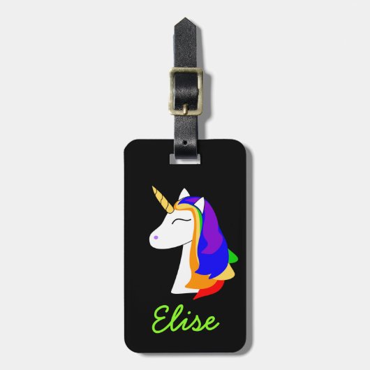 ユニコーンの虹の髪の黒い荷物タグ ラゲッジタグ (正面縦)