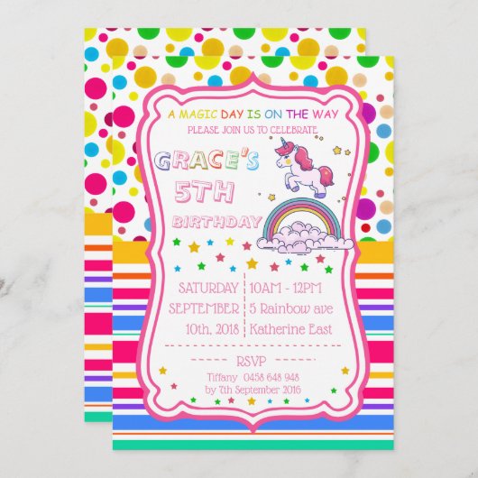 ユニコーンの虹の魔法の誕生日はRSVPを個人化します 招待状 (正面/裏面)