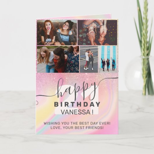 ユニコーンの虹大理石グリッターの誕生日写真グリッド カード (正面)