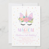 ユニコーンの誕生会の水玉模様の花 招待状 (正面)