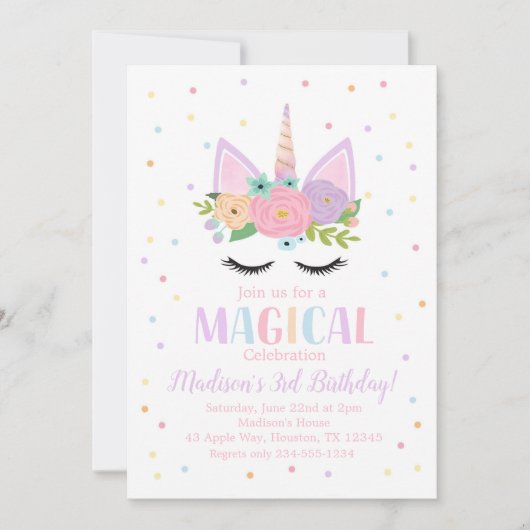 ユニコーンの誕生会の水玉模様の花 招待状 (正面)