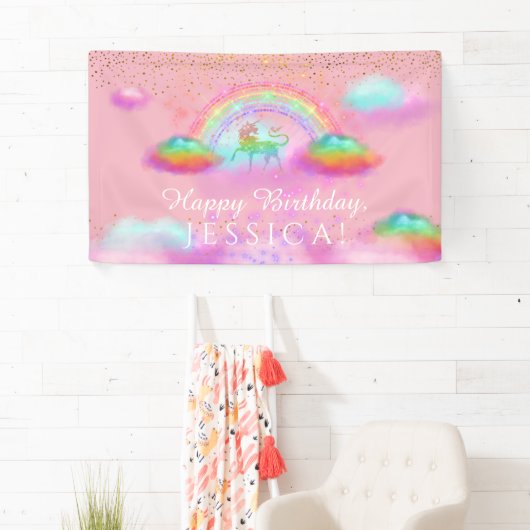 ユニコーンの誕生会の虹はピンクの金ゴールドを曇らせます 横断幕 (インサイチュ)