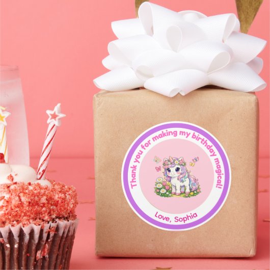 ユニコーンの誕生日お礼ステッカー 魔法のパステルカラー ラウンドシール (パーティー)