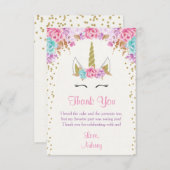 ユニコーンの誕生日のサンキューカード、ピンクおよび金ゴールド サンキューカード (正面/裏面)