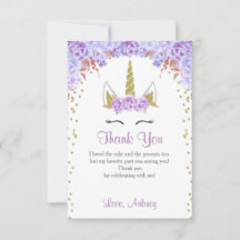 ユニコーンの誕生日のサンキューカード、紫色および金ゴールド