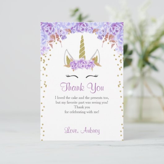 ユニコーンの誕生日のサンキューカード、紫色および金ゴールド サンキューカード (スタンド正面)