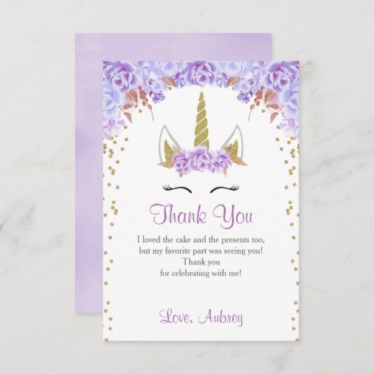 ユニコーンの誕生日のサンキューカード、紫色および金ゴールド サンキューカード (正面/裏面)