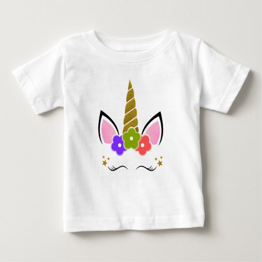 ユニコーンの誕生日のホワイトゴールドの花 ベビーTシャツ (正面)