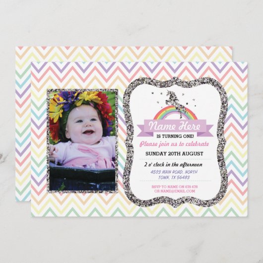 ユニコーンの誕生日の写真のパーティーの招待の銀のグリッター 招待状 (正面/裏面)