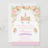 ユニコーンの誕生日の招待状のピンクの金ゴールドのユニコーン 招待状 (正面)