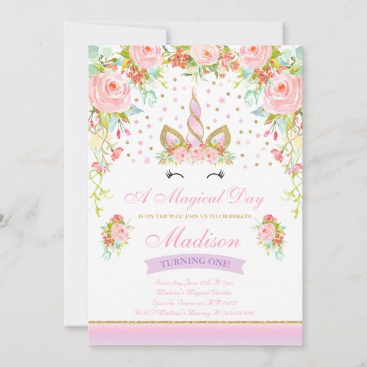 ユニコーンの誕生日の招待状のピンクの金ゴールドのユニコーン 招待状 (正面)