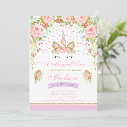 ユニコーンの誕生日の招待状のピンクの金ゴールドのユニコーン 招待状 (スタンド正面)