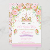 ユニコーンの誕生日の招待状のピンクの金ゴールドのユニコーン 招待状 (正面/裏面)