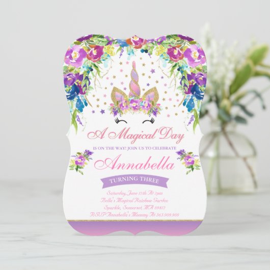 ユニコーンの誕生日の招待状のピンクの金ゴールドのユニコーン 招待状 (スタンド正面)