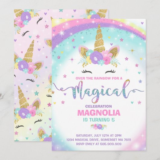 ユニコーンの誕生日の招待状の魔法のユニコーンのパーティー 招待状 (正面/裏面)