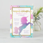 ユニコーンの誕生日の招待状|の水彩画のグリッター 招待状 (スタンド正面)