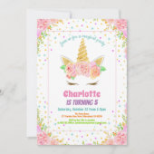 ユニコーンの誕生日の招待状。水彩フローラル 招待状 (正面)