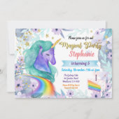 ユニコーンの誕生日の招待状。魔法のレインボーケーキ 招待状 (正面)