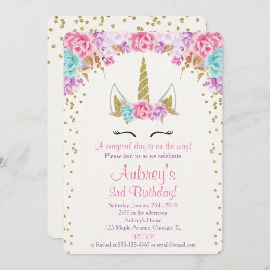ユニコーンの誕生日の招待、ピンクの紫色の金ゴールド 招待状 (正面/裏面)