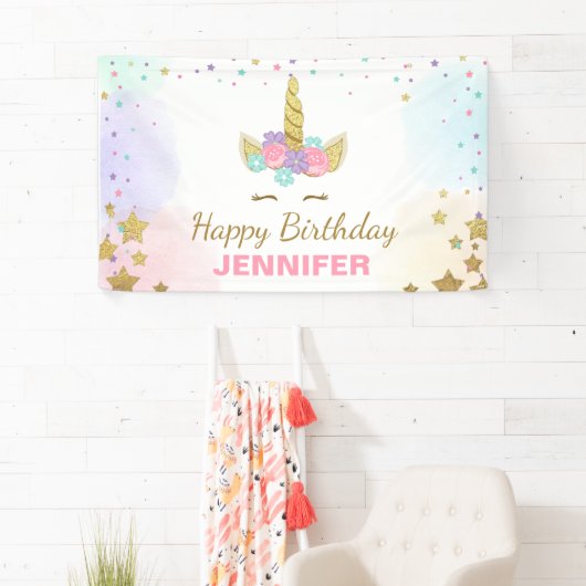 ユニコーンの誕生日の旗の魔法のピンクおよび金ゴールドの女の子 横断幕 (インサイチュ)
